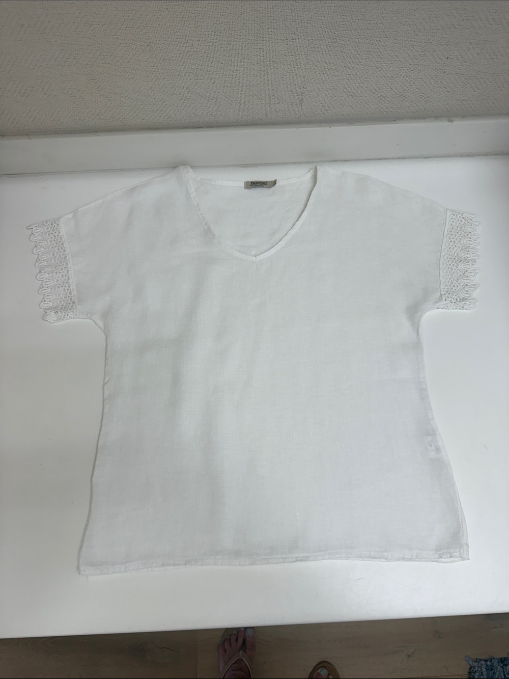 100% Linen V-Neck Top with Crochet Sleeve Trim